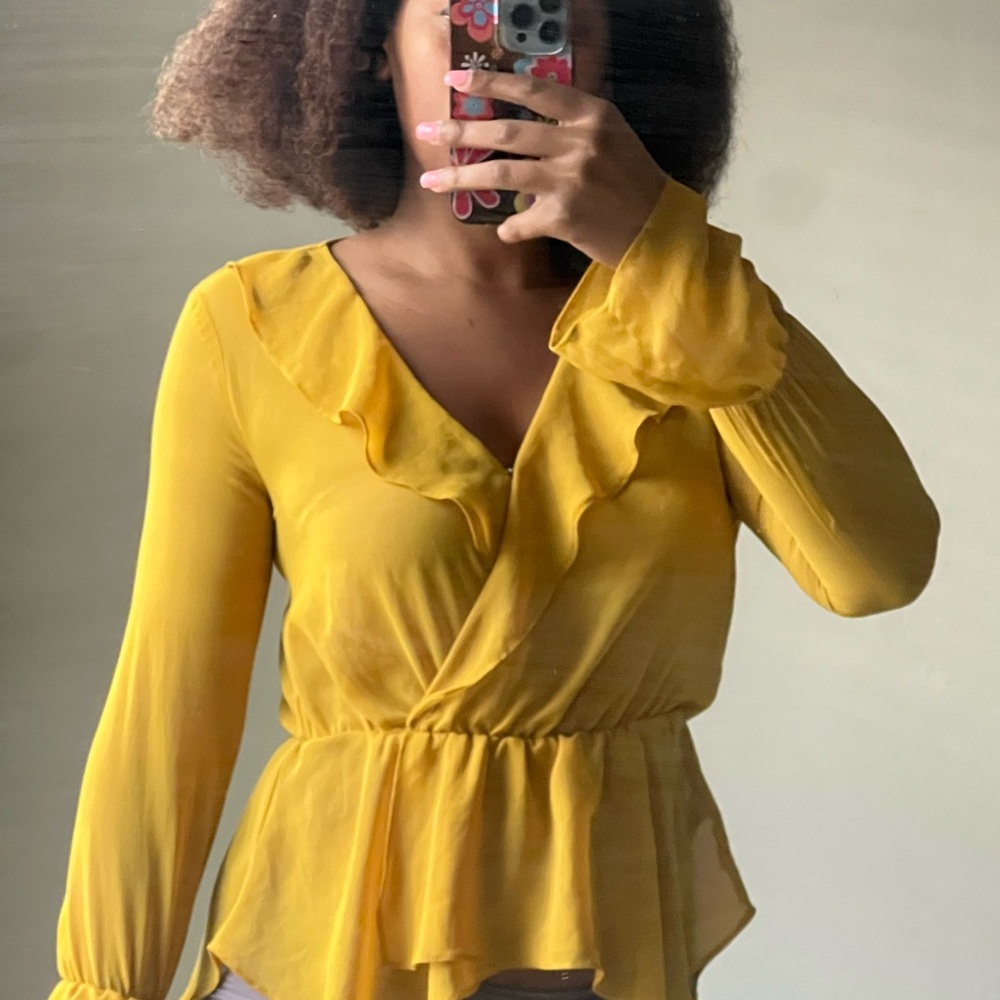 BCBGMaxAzria Mustard Ruffle Blouse